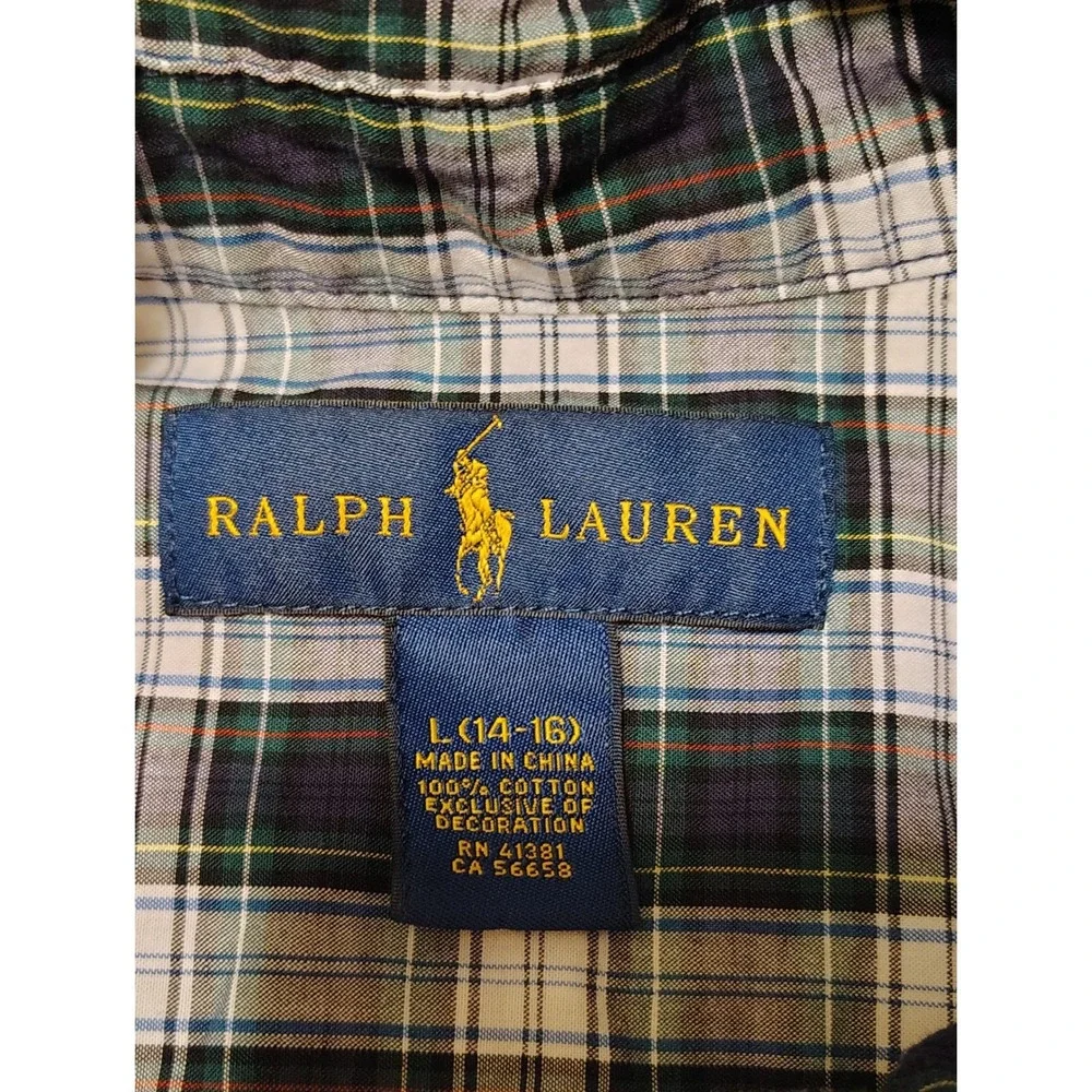 Ralph Lauren Kids Plaid Button Down Shirt Navy Green White L 14-16 RN41381‎ K